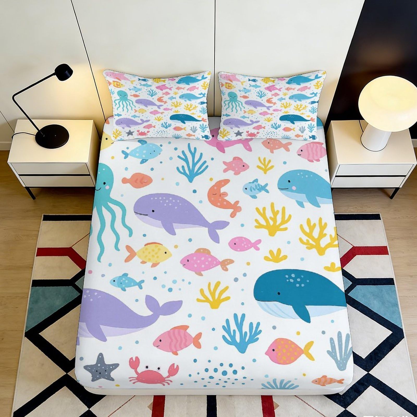3D Printed Ocean Whale Fitted Sheet Microfiber Soft Coral Reef Bed Cover for Bedroom Guest Room Decor 90x200x25cm