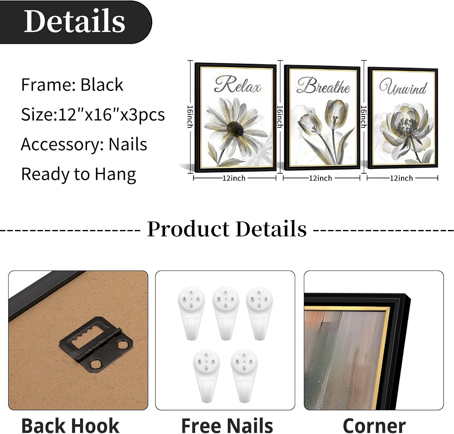 NutArtPic Grey Gold Flower Wall Art Xray Floral Pictures Minimalist Wildflower Painting Prints Black Framed for Home Decor 12''x16''x3pcs