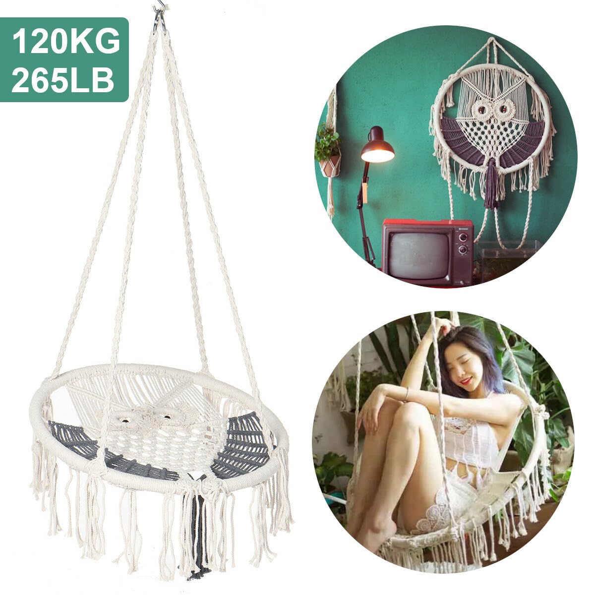 WnewTools Round Hammock Chair Swing Hanging Chairs Outdoor Garden Indoor Max Load 120kg