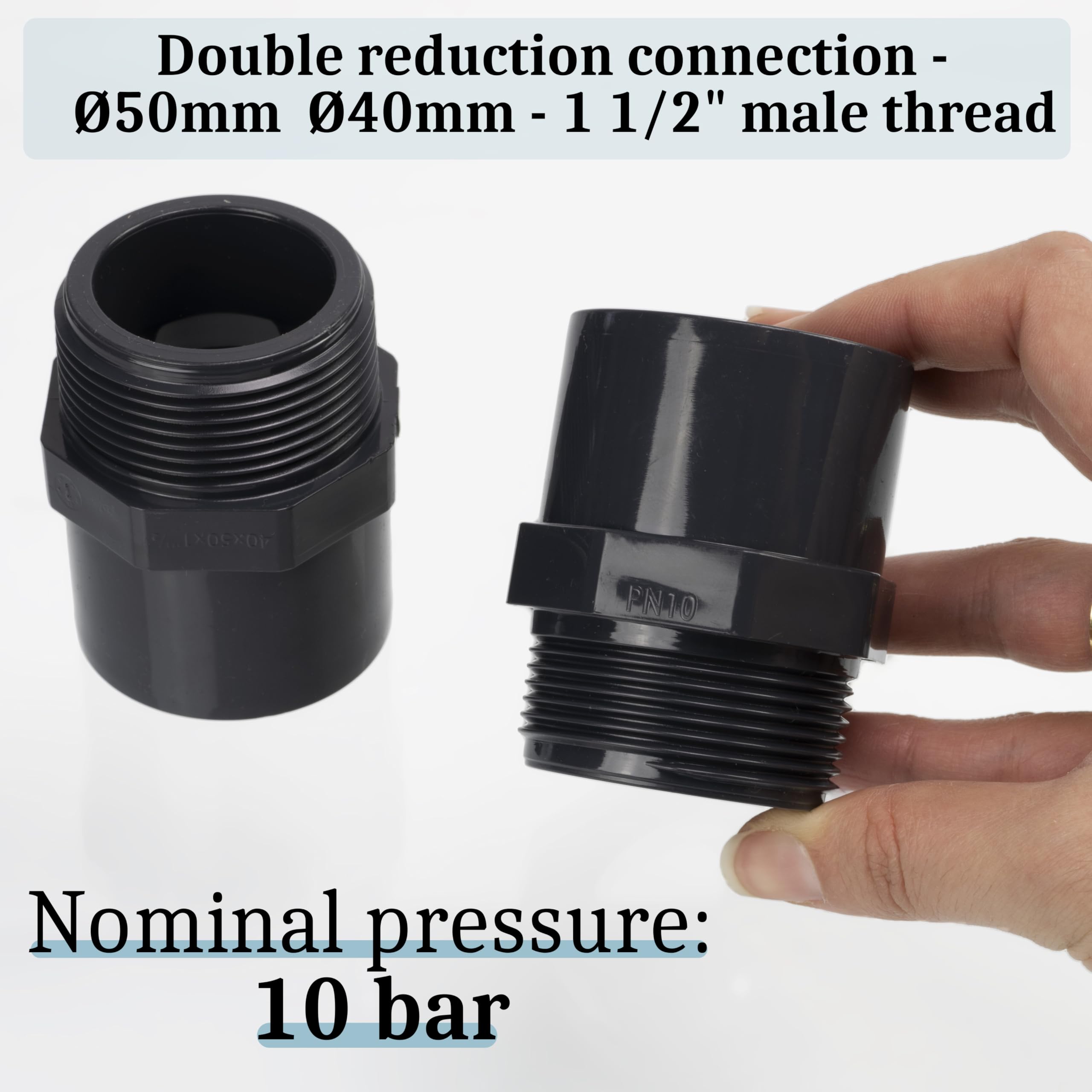 AERZETIX - Set di 2 Raccordi a Pressione/Riduttori Doppi - per Incollare 63mm e 50mm - Filettatura Maschio 2 - in Plastica - PN 10 - Connettore per Tubi
