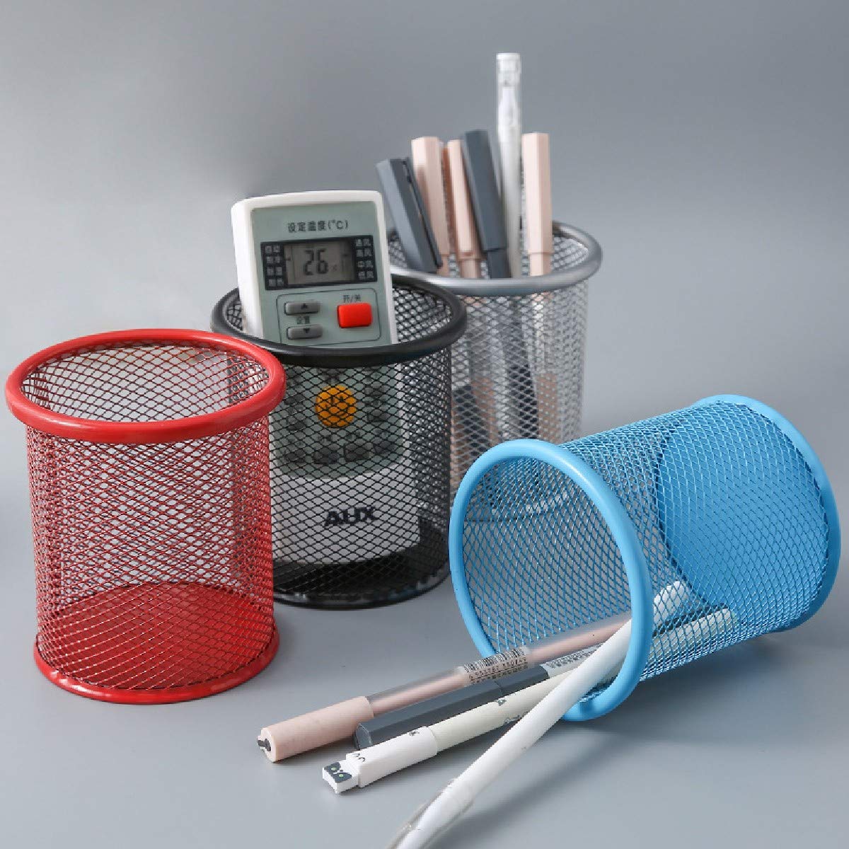 SwissHome Mesh Pen Stand, Pen Holder Round Shape Pencil Container Multipurpose Metal Hollow Out Desktop Storage Organizer for Student Stationery Office Supplies (Pack of-1, Sky Blue) 4
