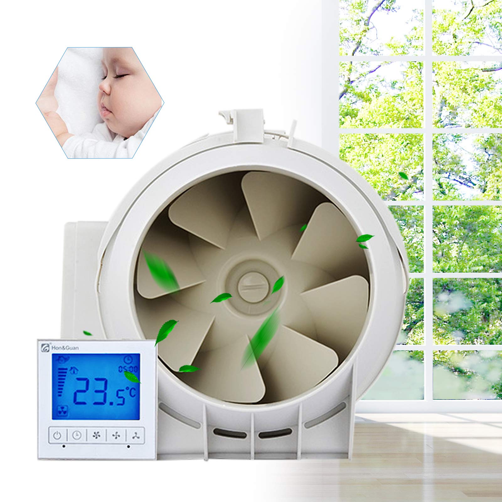 Ventilador extractor redondo de 150 mm, IP44, con indicador de temperatura LCD, 3 niveles de regulación, ventilador de 30 m², 240 V, 22,7 x 31,3 x 20,8 cm, para baño, cocina