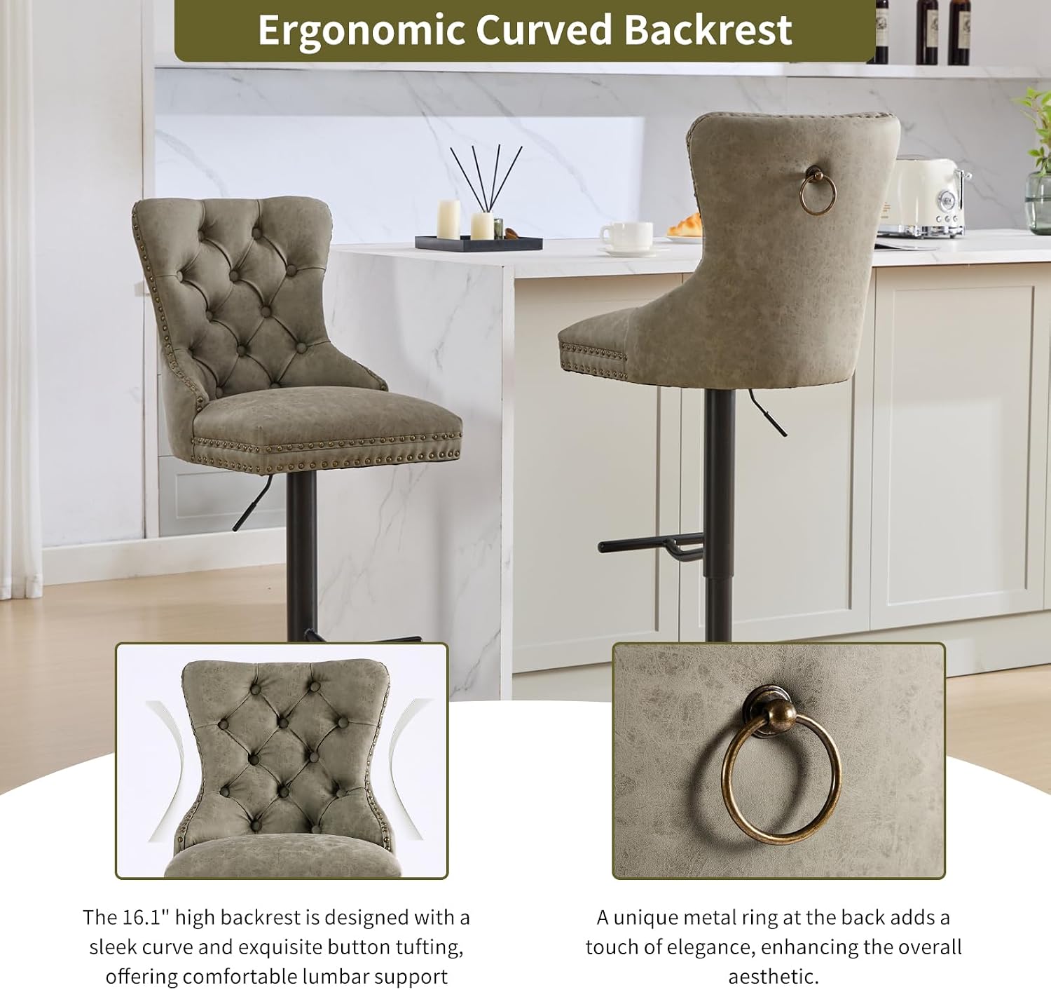 Adjustable PU Leather Bar Stools with Button-Tufted Back and Nailhead Trim, Swivel Counter Height Bar Chair for Home Pub or Kitchen Island, Easy Assembly, Olive Green, Set of 4