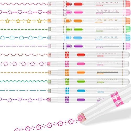 NiArt Marcadores de rodillo, paquete de 12 rotuladores de línea curva con rueda de desplazamiento, 8 formas de patrón de curva y 8 colores surtidos