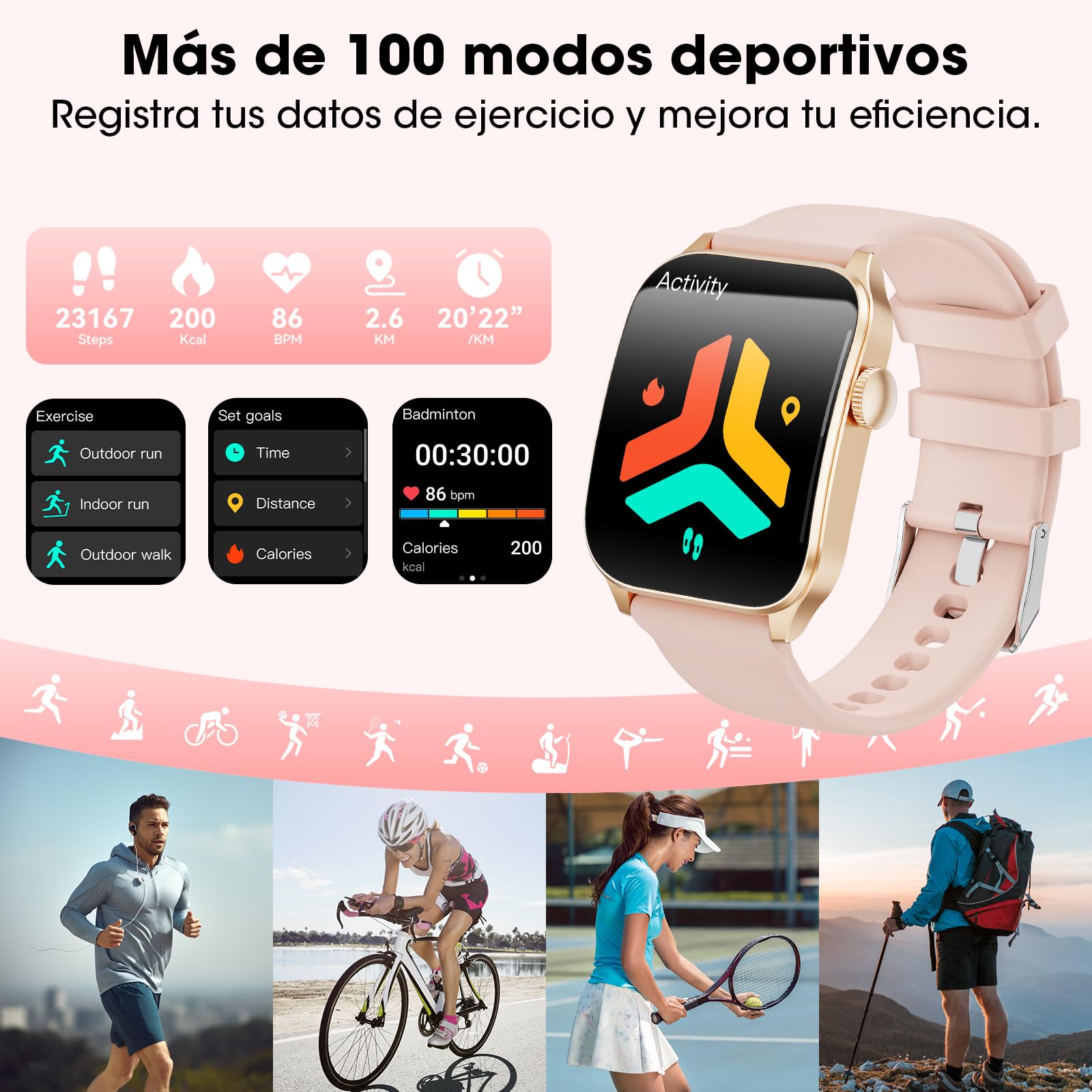 Reloj Inteligente Mujer, 1,91" HD Pantalla Curvada Grande, Moda Smartwatch, Llamadas Bluetooth/Pulsómetro/Monitor de Sueño/100+ Modos Deportivos IP67 Impermeable para Android iOS (Rosa)