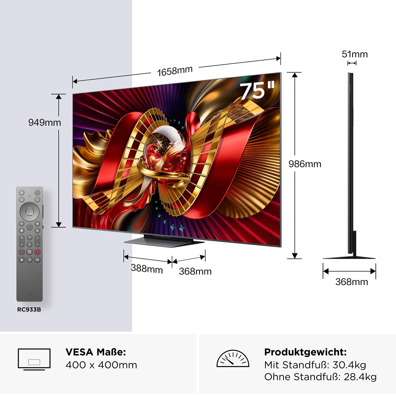 TCL 75C8L 75 Zoll SQD-Mini LED Google TV, 100% BT.2020, Super Quantum Dot, 5.500 Nits, 2.584 Local Dimming Zonen,144 Hz, Bang & Olufsen Sound, Dolby Vision & Atmos, Entspiegeltes Display, ZeroBorder