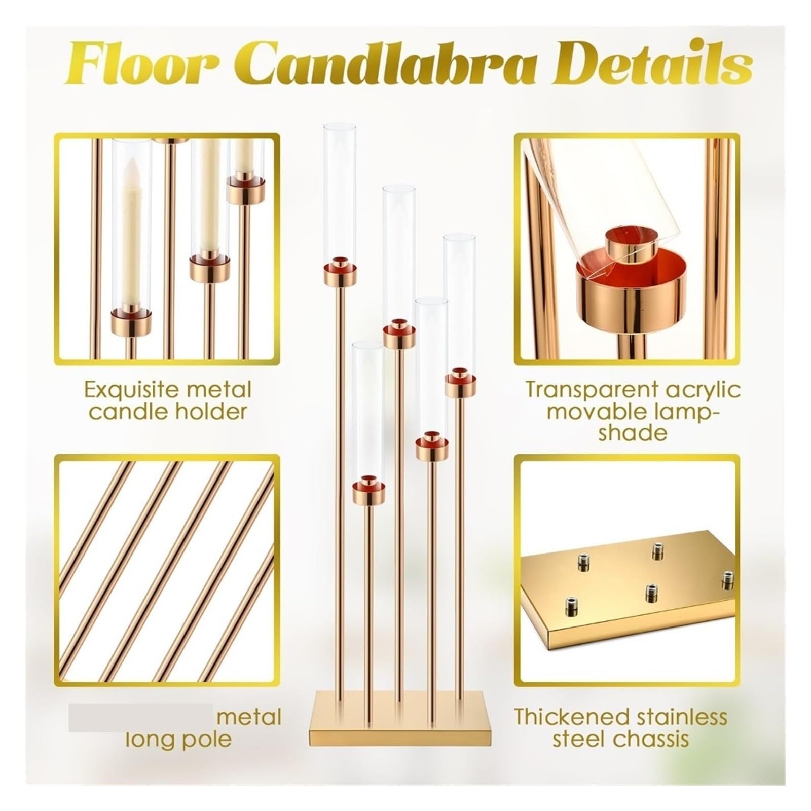 Candelabro Centrotavola candelabri da Pavimento in Oro da 4 Pezzi 42,5 '' Candeliere portacandele in Metallo Alto a 5 Bracci(Gold)