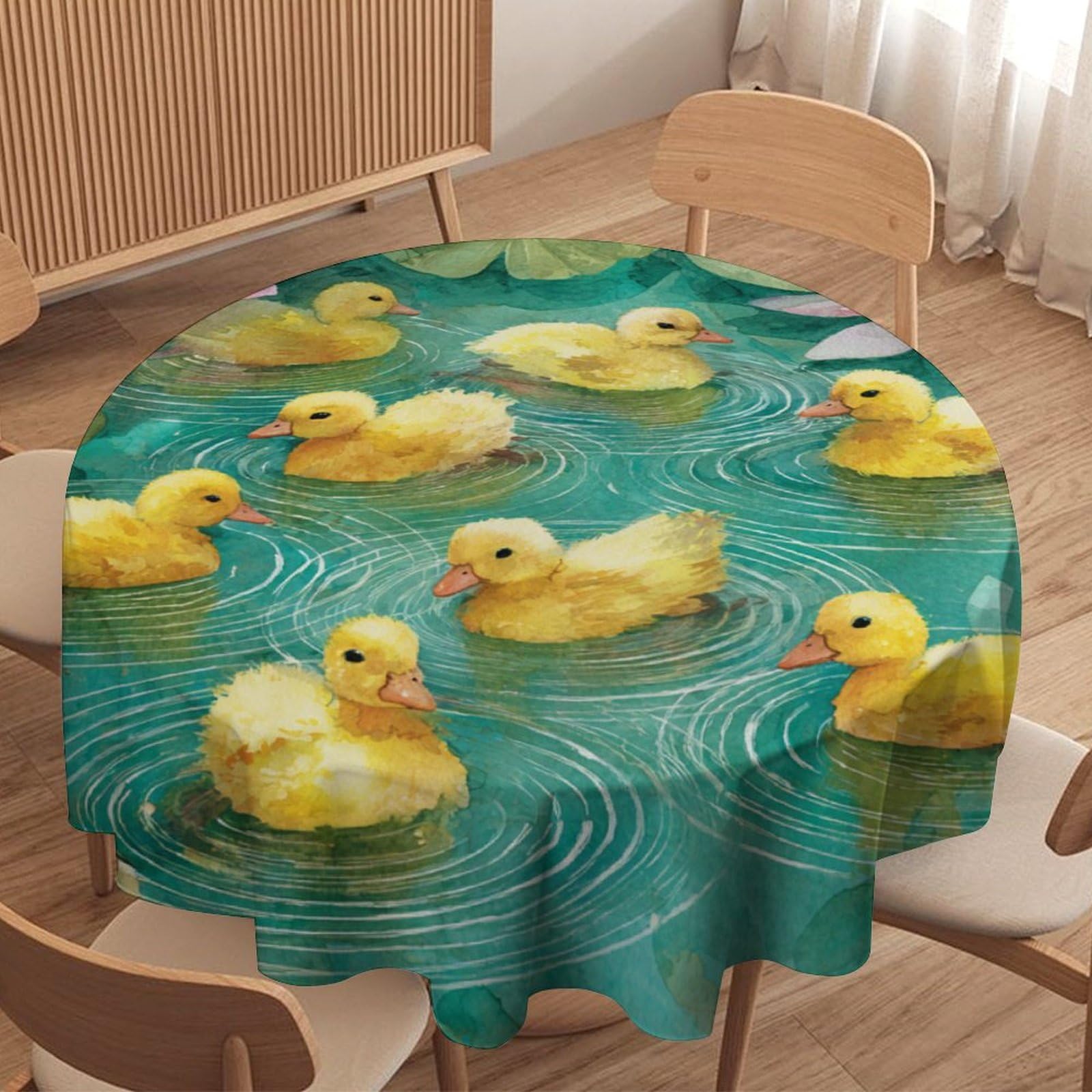 LUYYSKY Beautiful Realistic Ducks Waterproof Round Tablecloth Classic Watercolor Spring Lotus Flowers Animals Ducklings Pattern Washable Table Cover for Kitchen-177.8" Wx177.8 L cm