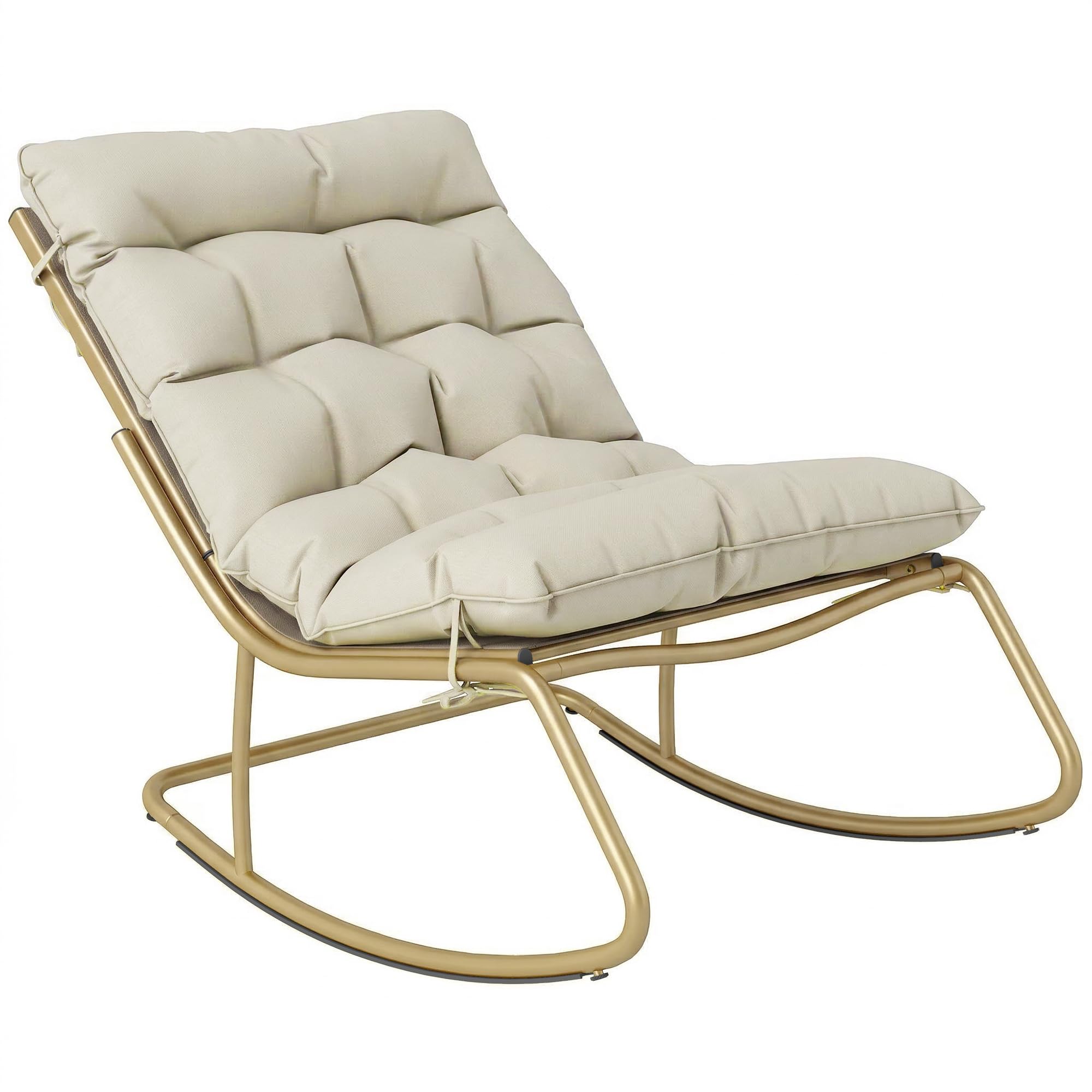Outsunny Fauteuil à Bascule Extérieur avec Coussin Moelleux 125cm - Rocking Chair Large 64cm en Acier et Textilène - Chaise Bercante de Salon et Balcon, Beige et Doré