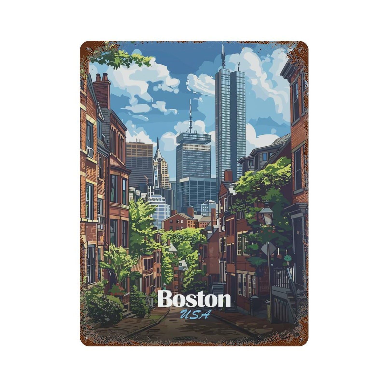 Boston USA Cityscape Illustration Rust Effect Tin Sign 15.7"x11.8", for Bistro, Counter And Cafe Decor, Shabby Chic Decor