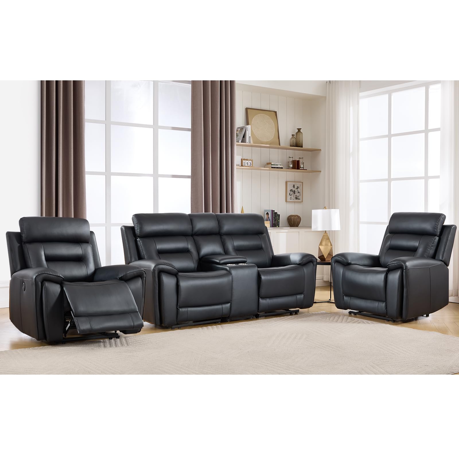ANJ 3-Piece Faux Leather Power Recliner Sofa Set with USB&amp;Type-C Charging Ports, Include 2 Single Recliner Chairs and 2-Seater Loveseat with Hidden Storage &amp; Cup Holders, Black