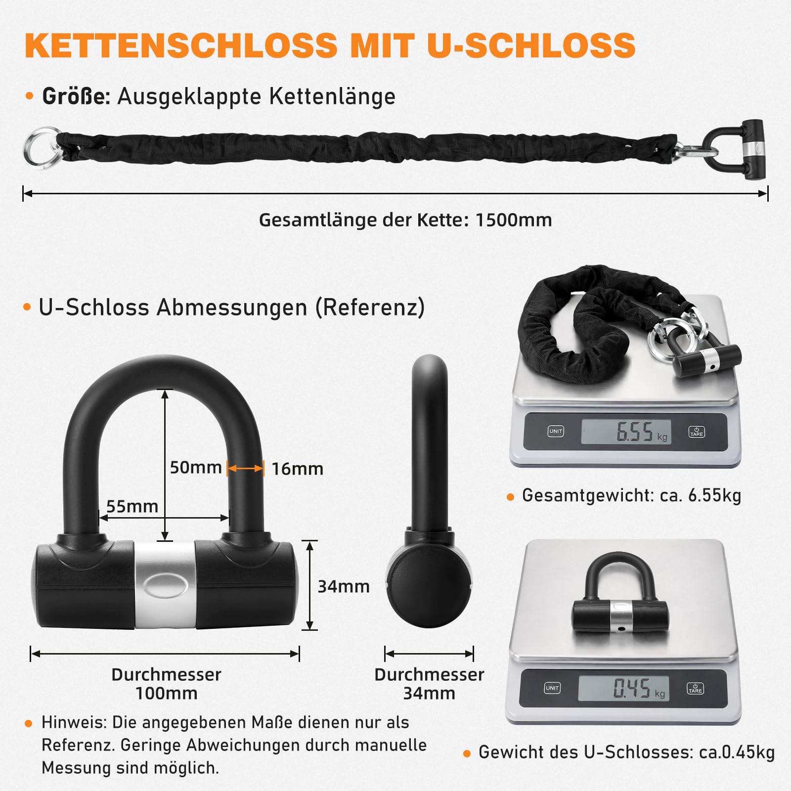 Motorrad Kettenschloss 12 mm, Gehärtete Sicherheitskette mit Bügelschloss und 4 Schlüsseln, Diebstahlschutz für Motorrad, E-Bike, Roller und Fahrrad, 150 cm – Silber