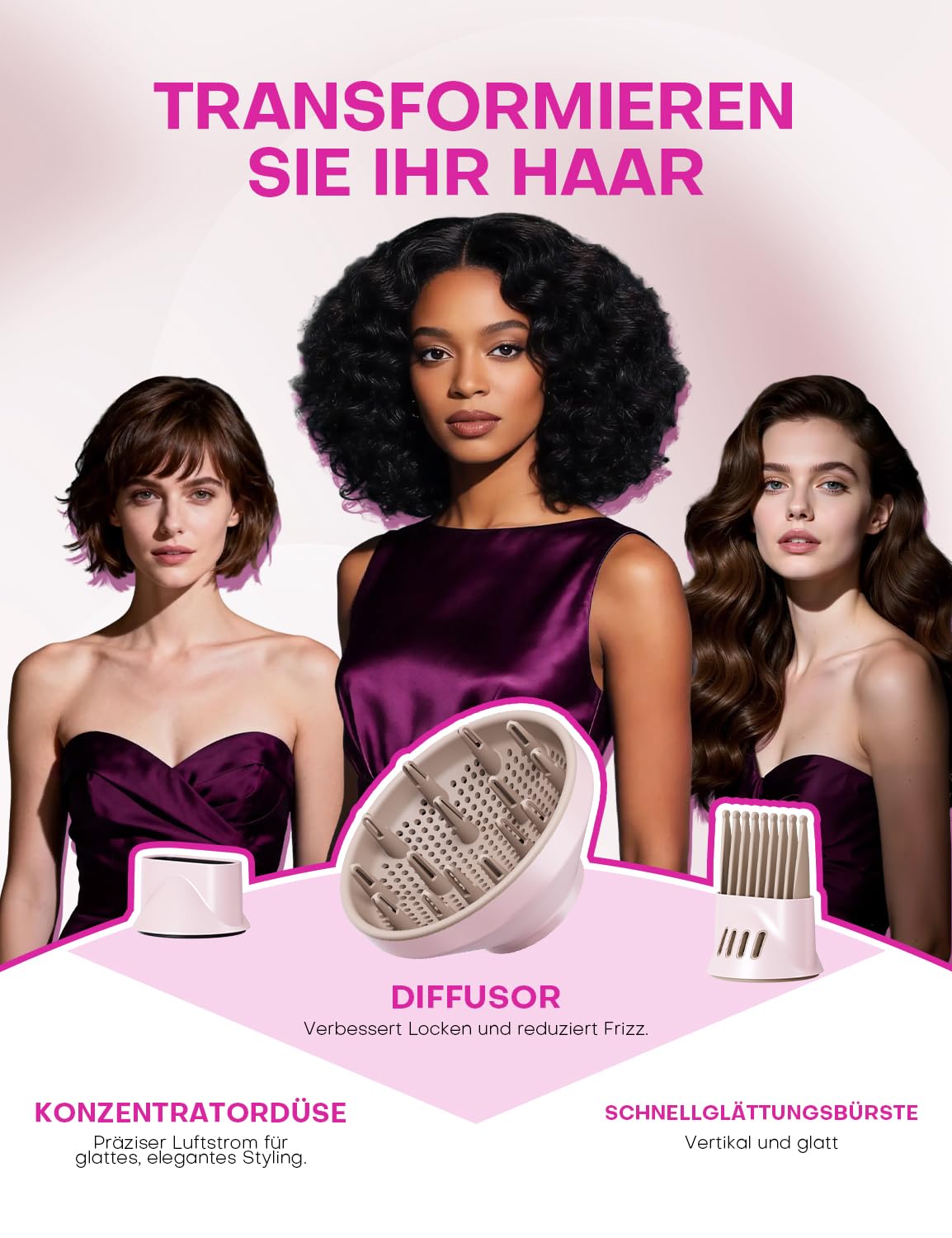 Hochgeschwindigkeits Ionen Föhn mit Diffusor: 1600W 110.000 U/min Haartrockner 2 Geschwindigkeiten & 4 Heizstufen, Kompakter & Leichter Leiser fön für Frauen (Rosa)
