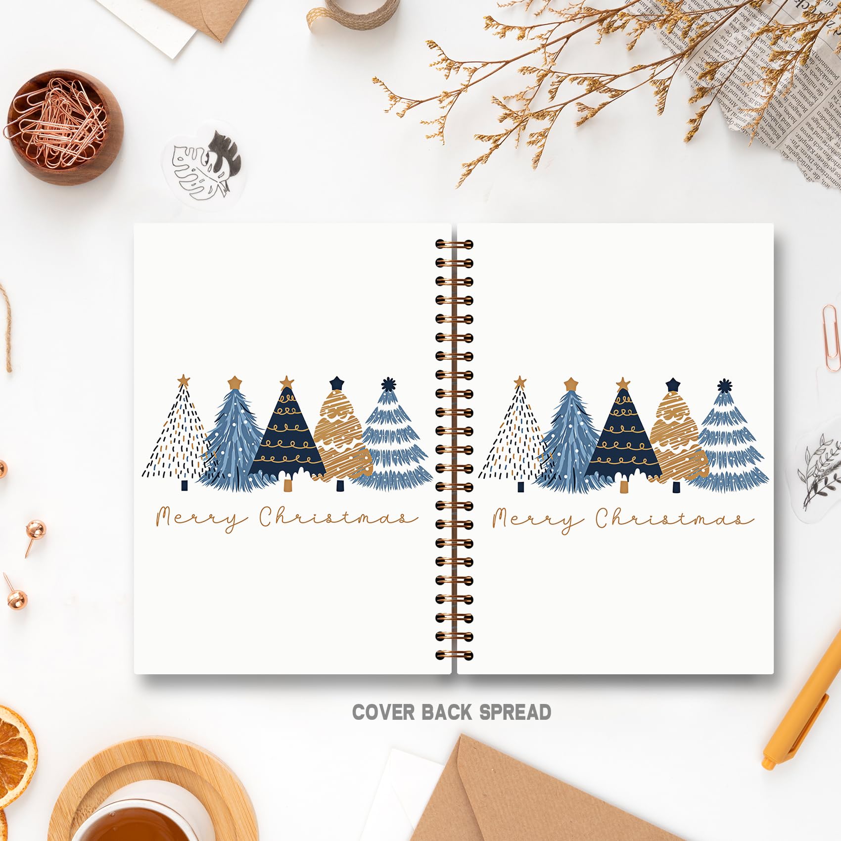 Quaderno con albero di Natale blu e oro, diario minimalista con albero di Natale per donna, quaderno a spirale per vacanze invernali, 14 x 21 cm