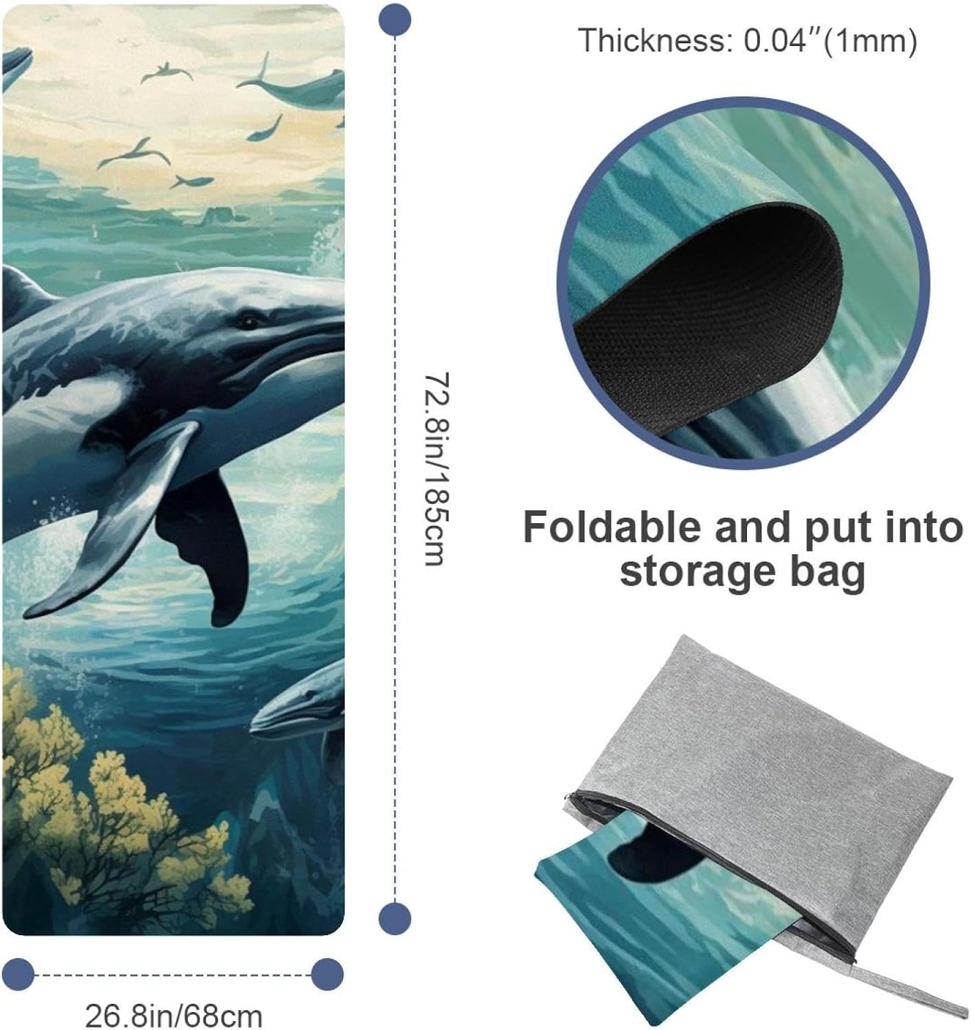 Yoga Towel, Whale Sea Pattern Non Slip Sweat Absorbent Hot Yoga Mat Towel for Hot Yoga, Pilates and Fitness - 72.8" x 26.8"