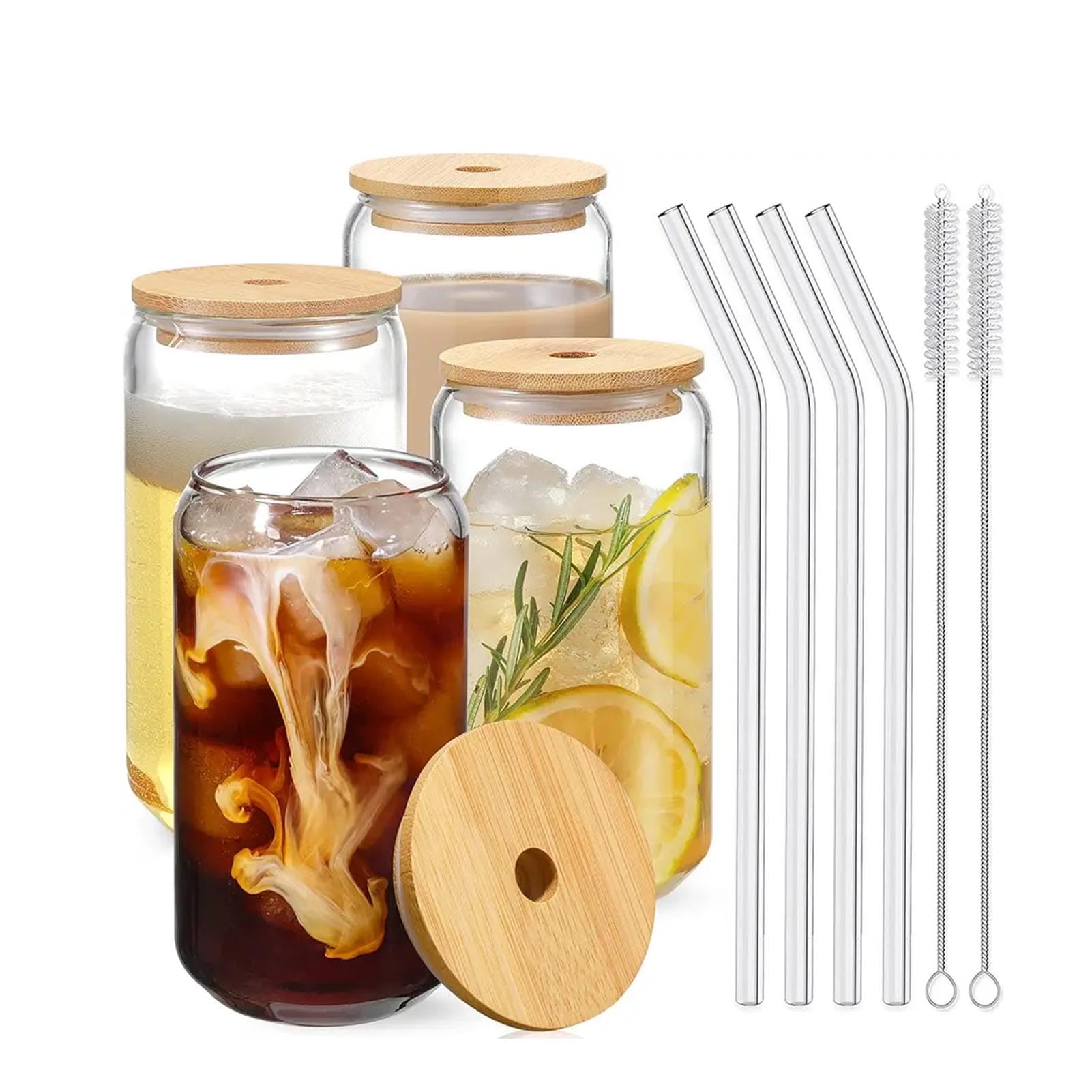 Greensen Glasbecher mit Strohhalm Wiederverwendbare Trinkgläser mit Deckel Borosilikatglas für Home Bar Office Kaffeesaft