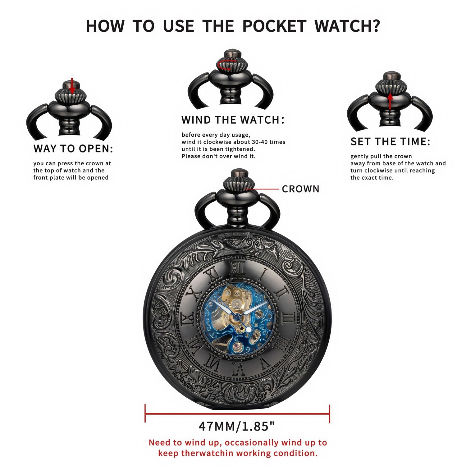 Orologio da taschino meccanico con numeri romani, quadrante scheletrato, con scatola in legno di lusso e catene, per uomo e donna, nero
