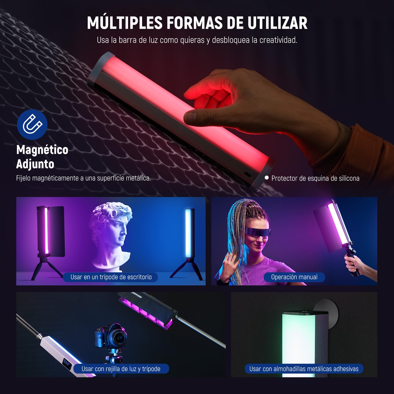 NEEWER RGB1 Tubo de Luz LED con Puerta, Handle, Barra Táctil/Control de Aplicación, Luz de Video RGB Magnética, 3200K-5600K CRI98+ Iluminación de Fotografía Regulable con 6400mAh Batería, 17 Escenas