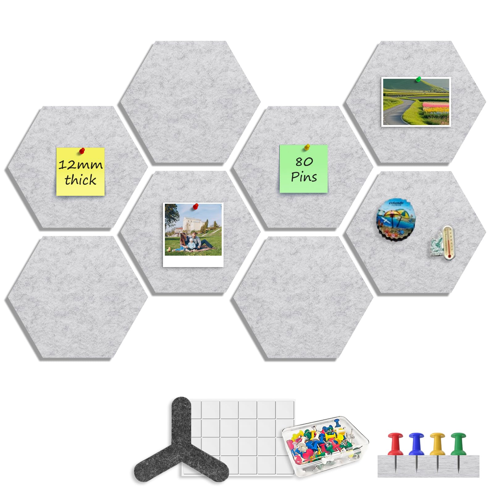 Sliandtelly Hexagon Filz Pinnwand 8 Stück, selbstklebende 12 mm dicke Filz-Pinnwand mit 80 Nadeln, einfach zu montierende graue Kork-Pinwand für Wände als Notiz, Vision oder Memo Brett, 22 x 19 cm