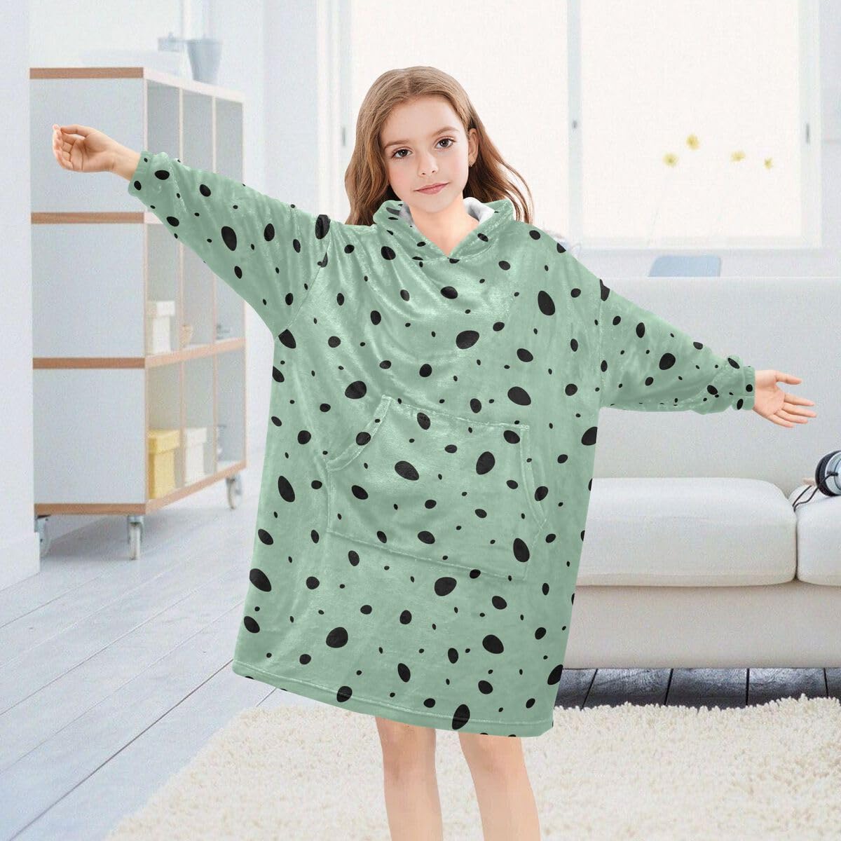 Ciemnozielony koc dziecięcy w kropki bluza z kapturem oversize bluza koc pulower urocze kropki dla chłopców i dziewcząt w wieku 3-14 lat