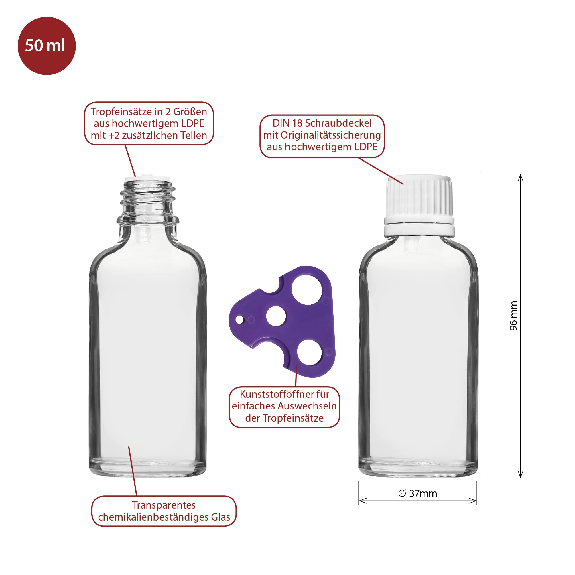 50ml-12 pièces de Flacon à Insert Compte-gouttes - Flacon en Verre Transparent de type Apothicaire avec Bouchon à Insert Compte-gouttes Blanc en Verre Clair comprenant 30 Accessoires