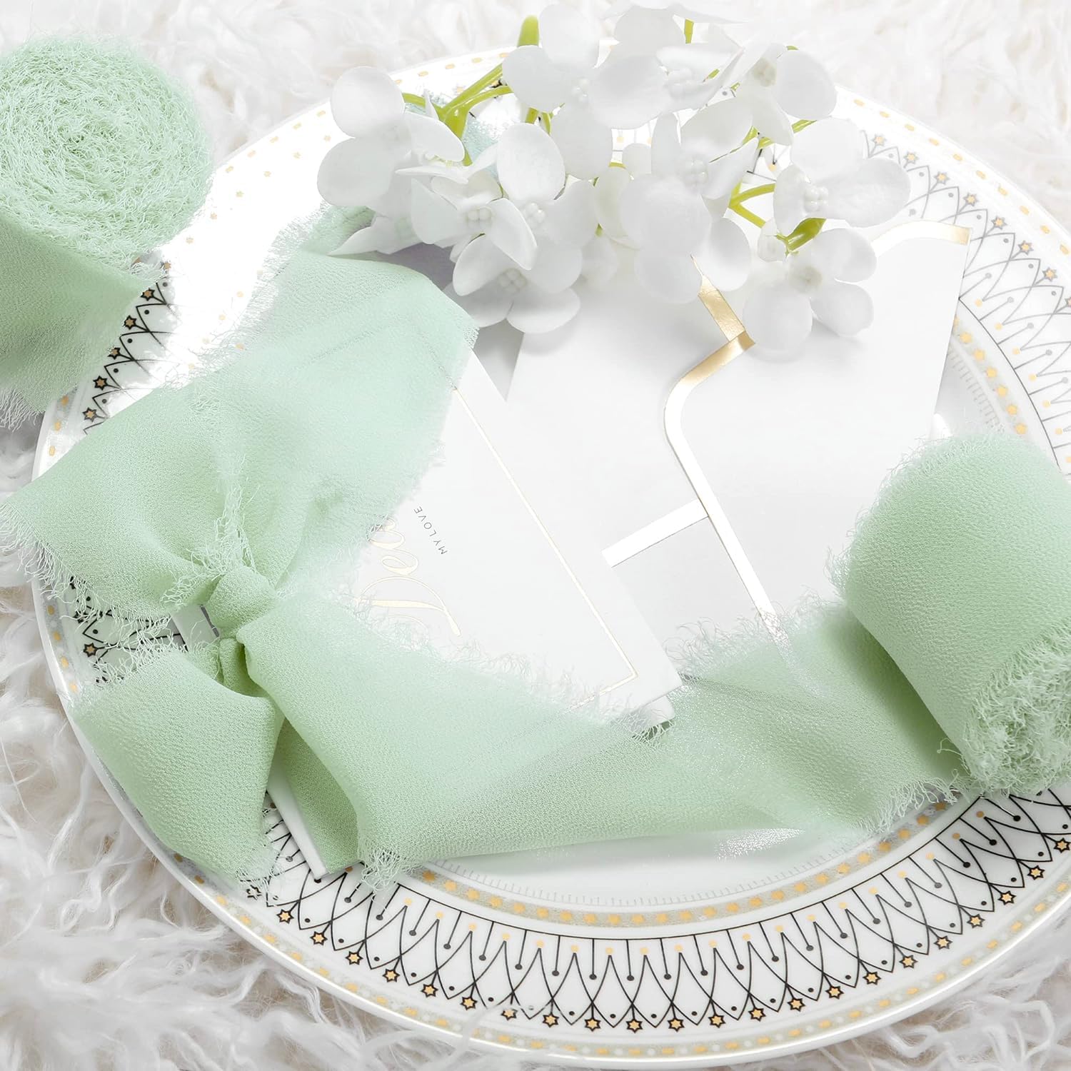 Ruban Mousseline Vert Sauge - 3 Rouleaux De 3cm X 6.4m Pour Décoration Mariage, Fête, Emballage Cadeau - 8