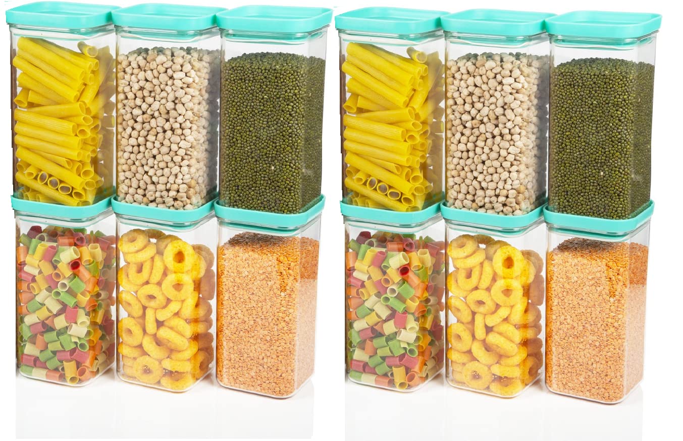 Khushboo Enterprise Airtight Plastic Square Container Set for Kitchen Storage – 1500 ml Push Up Containers | Unbreakable & Air-Tight Design | Container & Containers (Pack of 12, Sky Blue)