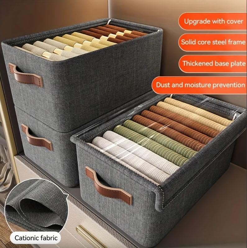 Image of HomeCloud Foldable Cloth Basket for Storage with Metal Frame and Handles, Clothes Organizer for Wardrobe, Clothing Storage Solutions (Dark Grey, Set of 2)