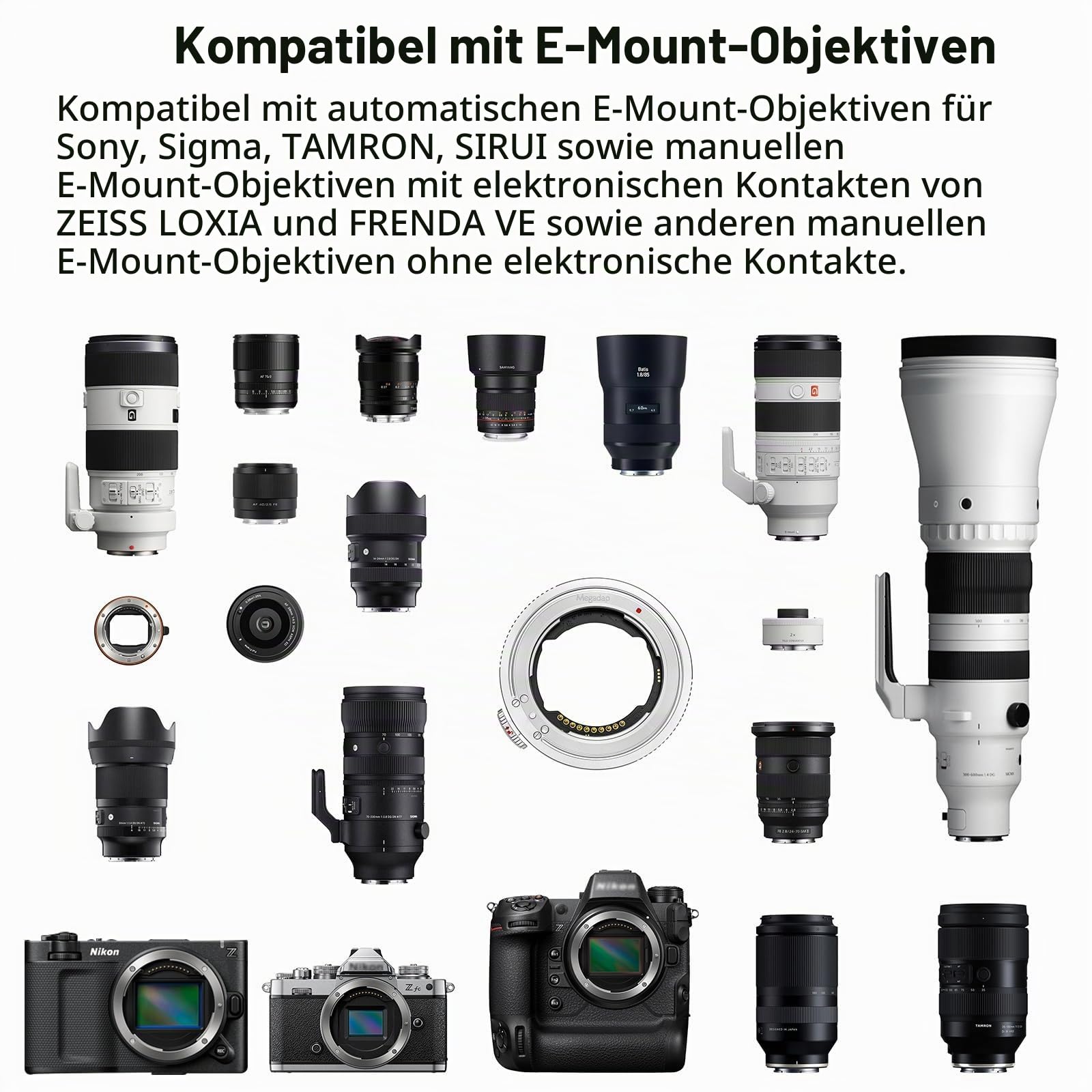 Megadap ETZ21 PRO+ Autofokus-Objektivadapter – Kompatibel mit Nikon Z Kameras ZR Zf Z6III Z5II Z9 Z8 Z7II Z7 Z6II Z6 Z5 Z50II Z50 Z30 für Sony FE, Sigma und Tamron FE Objektive