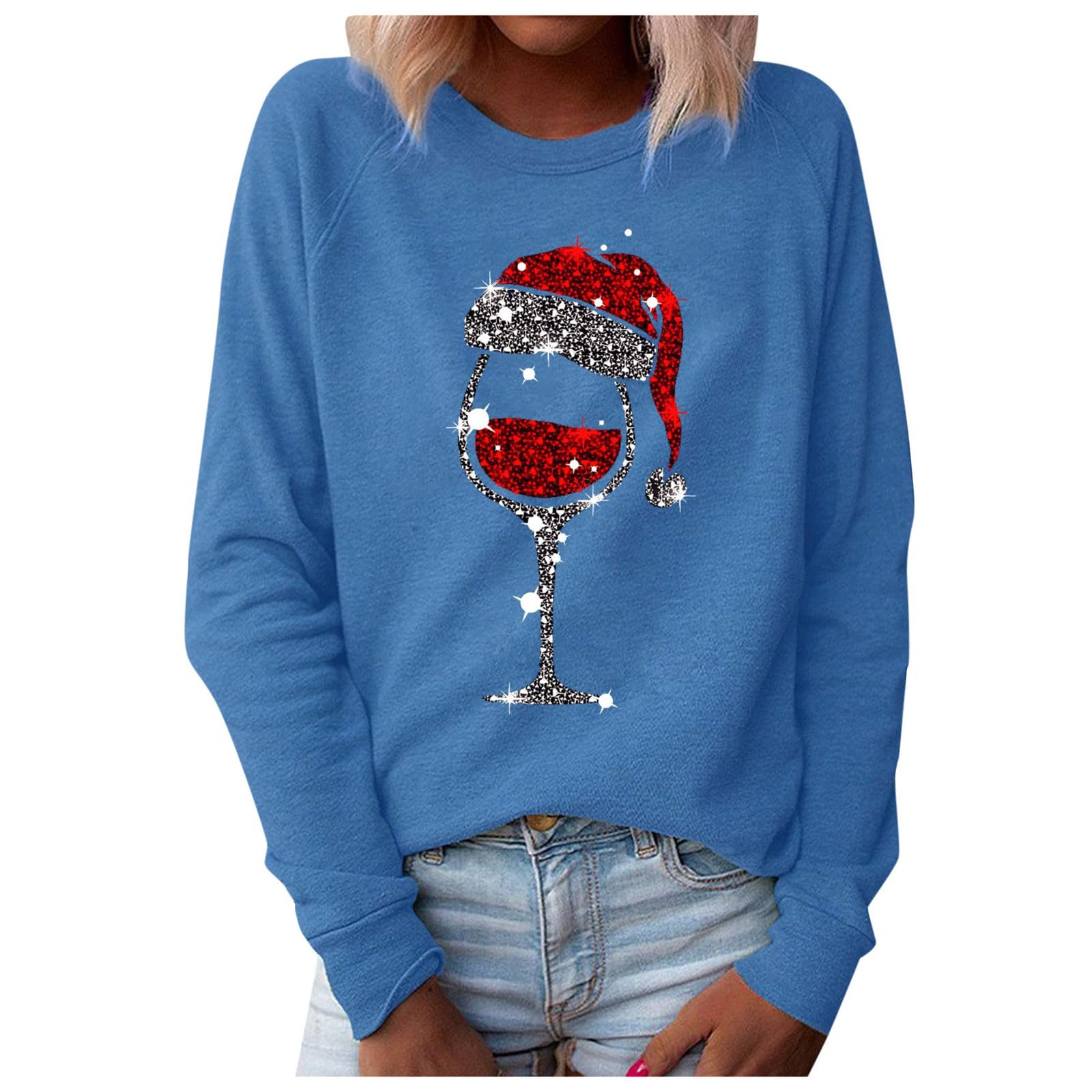 Weihnachtsshirt Damen Mit Pailletten - Lustiger Rotwein Druck Langarm