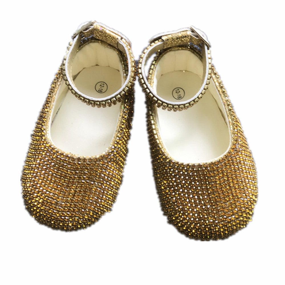 Handmade Baby Crib Shoes, Custom Gold Rhinestones Sparkling Cup Chain Christening Baby Shoes