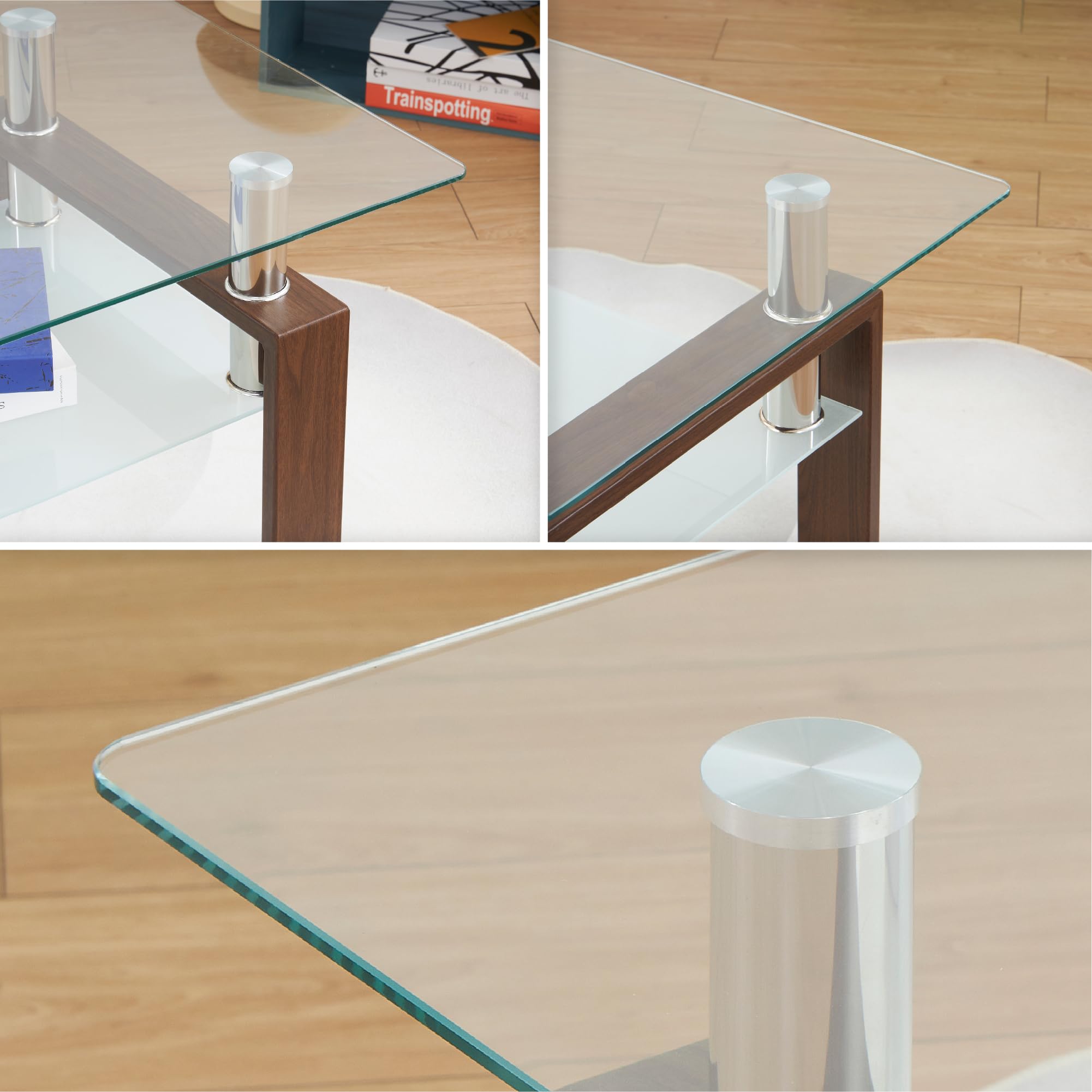 Tavolino 100 x 60 x 44 cm Porter, Tavolino rettangolare con vetro temperato trasparente da 6 mm e struttura con finitura effetto noce, design elegante, per soggiorno e zona lounge