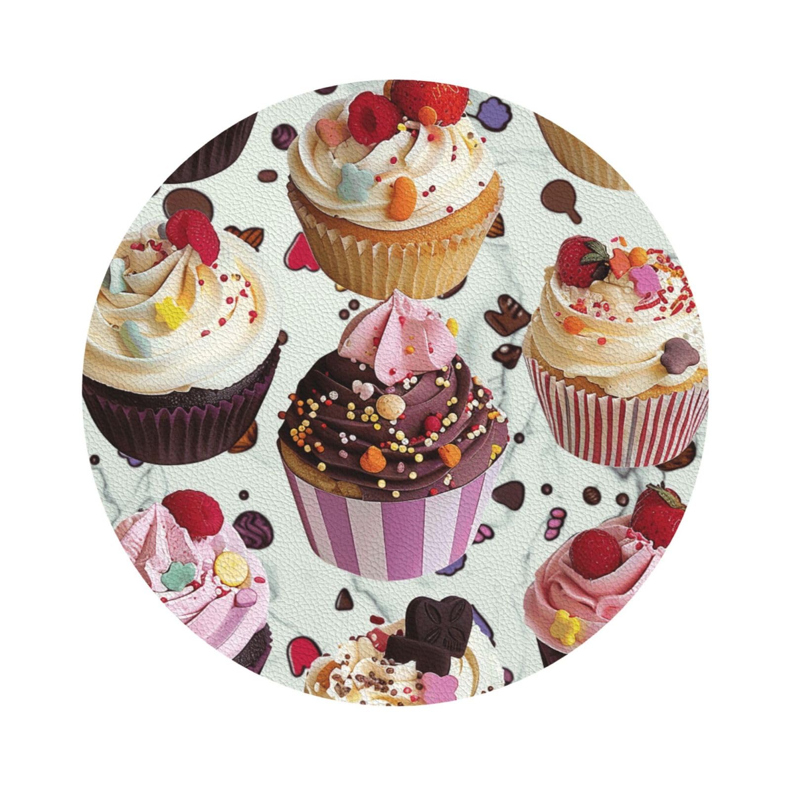 Delicious Cupcakes Print Leather Coaster Set of 6, Round Shape Coasters Table Decorative Coffee Cup Beverage Coasters Wine Beer Bar Coasters for Hot Drinks Table Protection