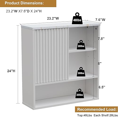 Miniatura 3 de Botiquín de pared de baño acanalado blanco, moderno gabinete de almacenamiento sobre el inodoro, parte superior de mármol sintético con estante
