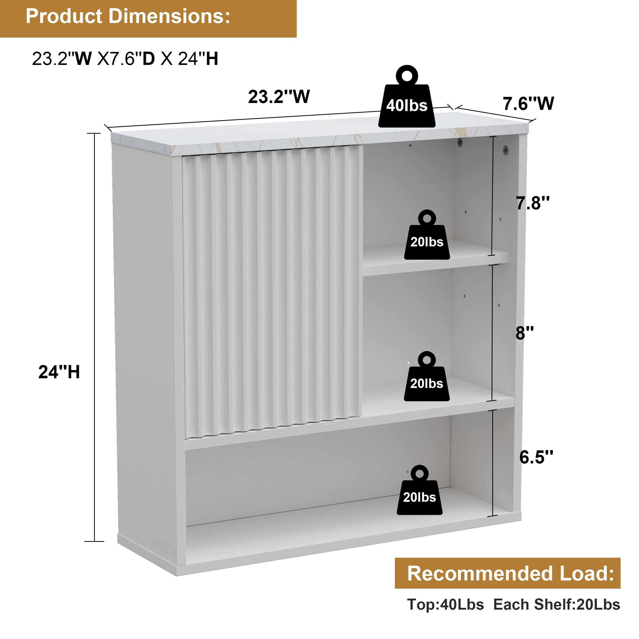 FerniTry Fluted Bathroom Wall White Medicine Cabinet, Modern Above Toilet Storage Cabinet Faux Marble Top with Adjustable Shelf, Curved Profile Wood Wall Mounted Storage Organizer (White)