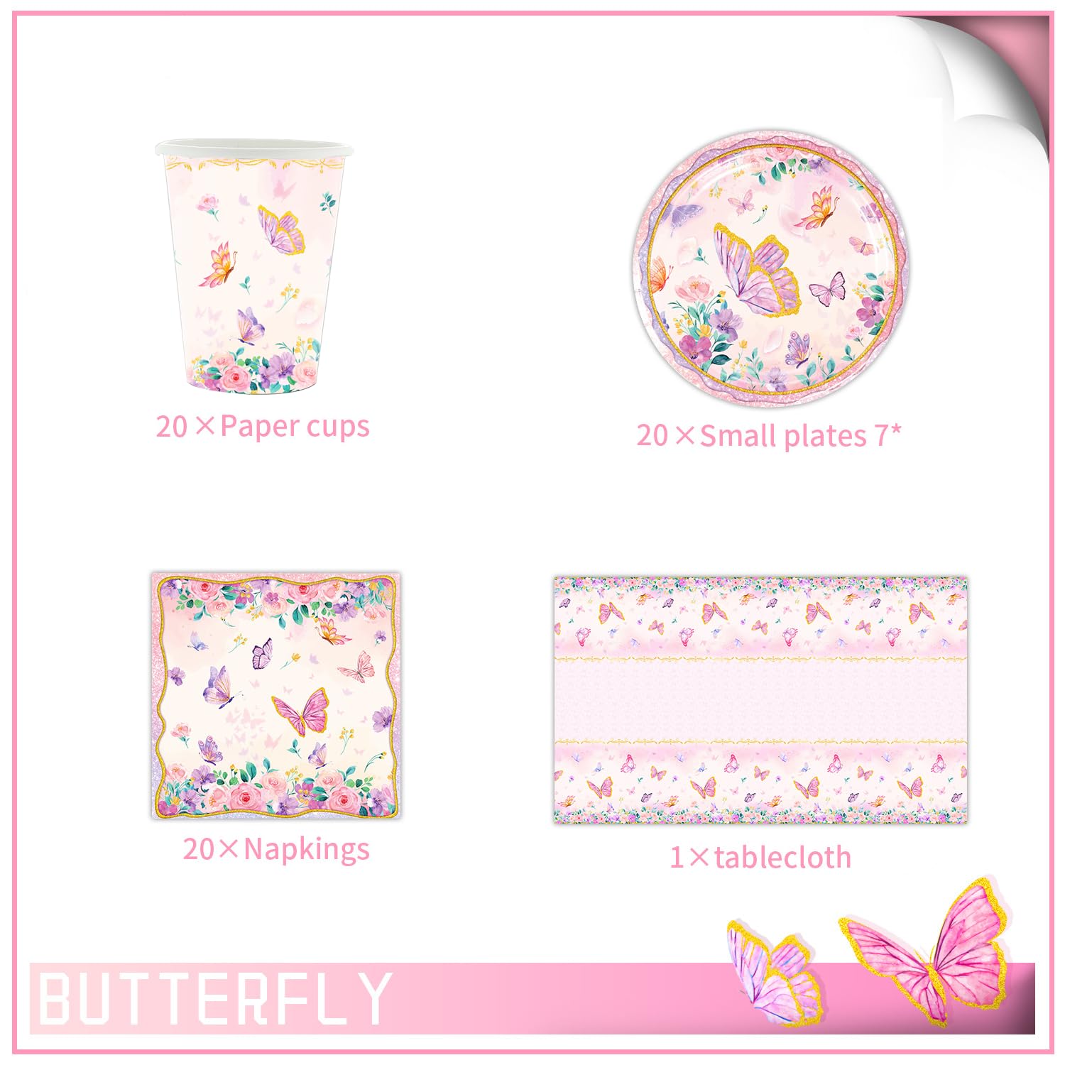 Doyomtoy Vajilla para fiestas de mariposas de colores, vajilla para cumpleaños infantiles, incluye vasos, platos, servilletas y cubiertos, adecuada para fiestas de cumpleaños