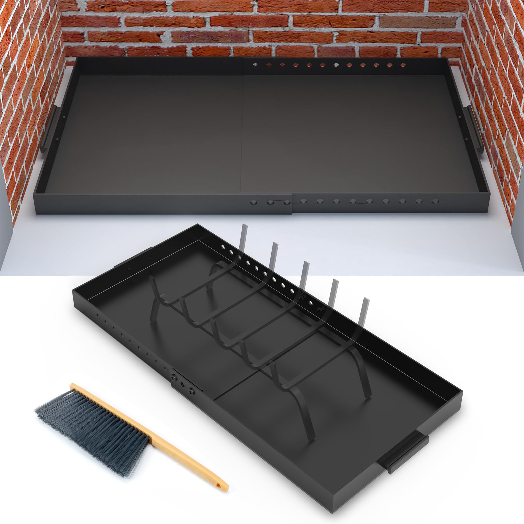 Flamorrow Fireplace Tray with Handles, Adjustable Up to 31.5" X 13" Galvanized Steel Fireplace Ash Pan with Cleaning Brush for Fireplace Grate Ash Collection, Black