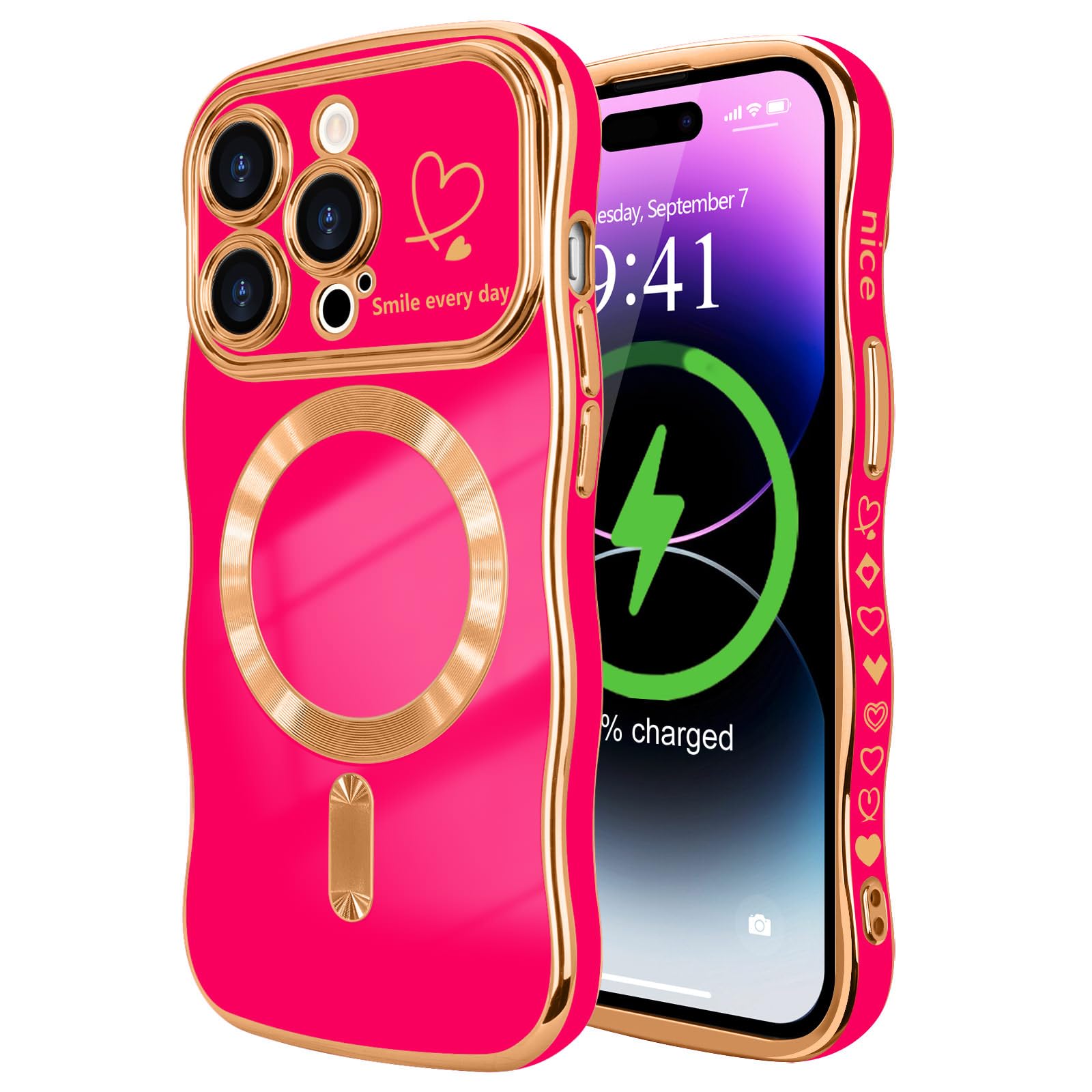 LCHULLE for iPhone 14 Pro Case for Women Girls [Compatible with MagSafe] Cute Curly Wave Shape, Magnetic Love Heart Pattern with Camera Lens Cover