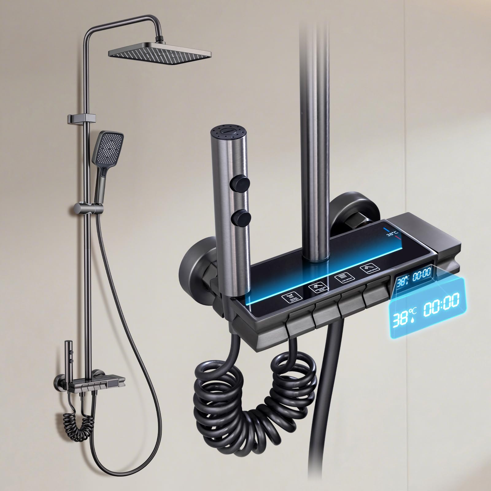 Columna Ducha con Grifo, Ducha de Bano Columna con Pantalla Digital LED - Cabezal Cuadrado, Altura Ajustable Ducha de Mano, Grifo para Bañera y Rociador Auxiliar - Baño de Lujo y Confort