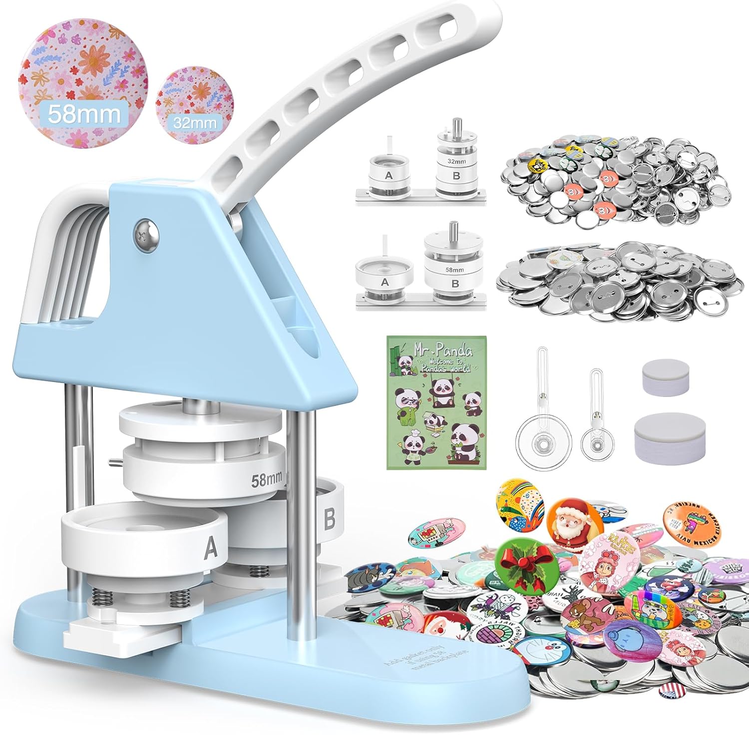 1.25+2.25 Inch Button Maker Machine Multiple Sizes - Pin Maker Kit for Kids, DIY Button Press Machine with 200 Sets of Supplies(Metal Cover, Metal Pin Backs, Plastic Film)