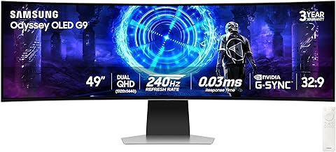 49-Inch Odyssey G9 (G95SD) Series QD-OLED G-Sync Compatible Curved Gaming Monitor, 240Hz, 0.03ms, Dual QHD, Glare Free, FreeSync Premium Pro, Ergonomic Stand,LS49DG956SNXGO,2024, 3 Yr Warranty