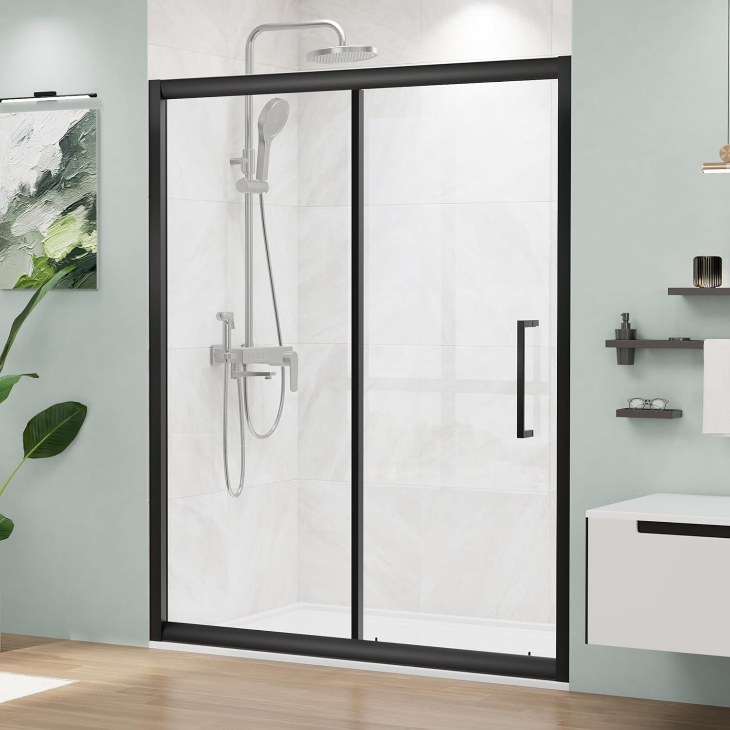 60" W x 72" H Semi-Frameless Glass Shower Door, Sliding Shower Door with Ultra White SGCC Tempered Glass, Easy Sliding Shower Doors with Magnetic Seal Strip in Black, Explosion-Proof Film