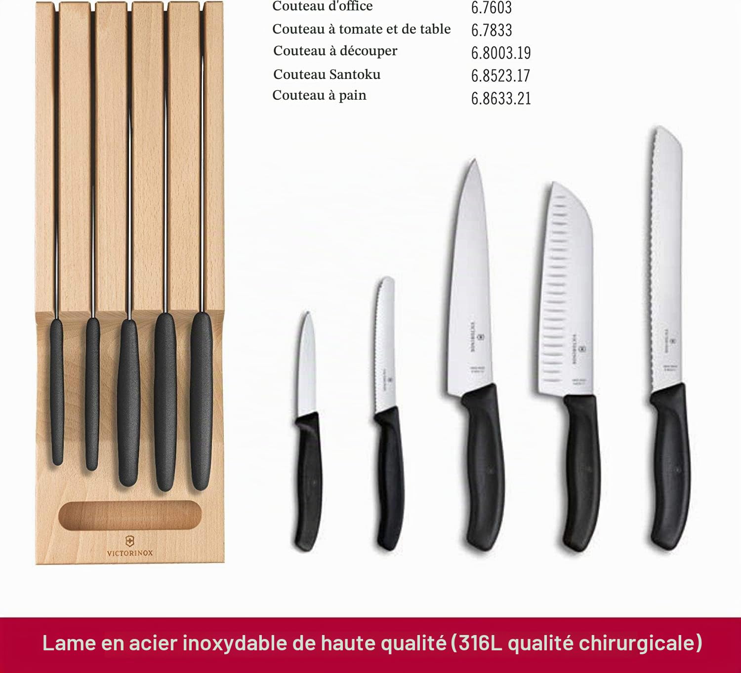 Victorinox Swiss Classic Range-Couteaux pour Tiroir, 5 Pièces, Couteaux d’Office, à Tomate et Couteau de Table, Couteau à Découper, Couteau Santoku, Couteau à Pain, Bois de Hêtre