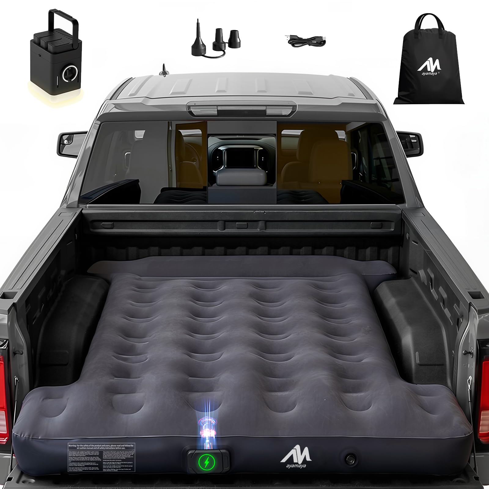 AYAMAYA Truck Bed Air Mattress with Built-in Cordless Rechargeable Pump, Inflatable Mattress with Pillow for 5.5-5.8ft Full Size Short Truck Beds, Portable Pickup Airbed for Camping, Road Trip