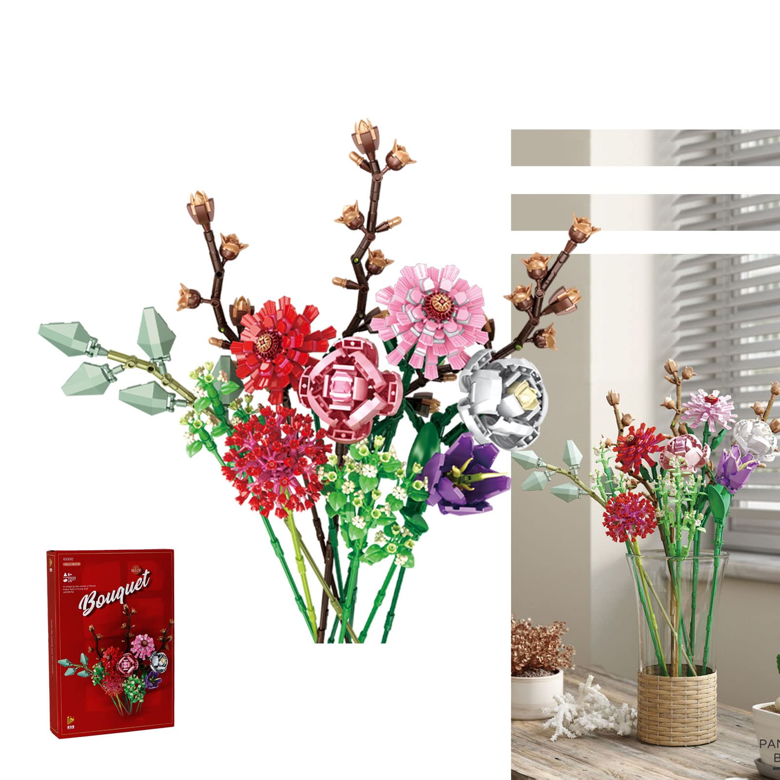 Eazee Play Building Flowers Block Set Toy Mothers Day Birthday Gifts for Adults Girls 6+ Building Flower Block Bouquet Stacking Block Sets Toy