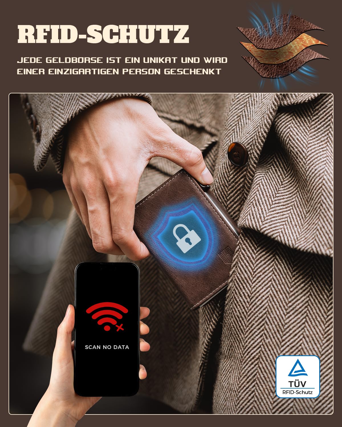 DODENSHA MagSnap Geldbörse Herren I Slim Wallet mit XL-Münzfach für 10+ Münzen I Kreditkartenetui Geldbeutel Herren für 10+ Karten I Magnetischer Verschluss Geldbörse I RFID Schutz I Braun Silbrig