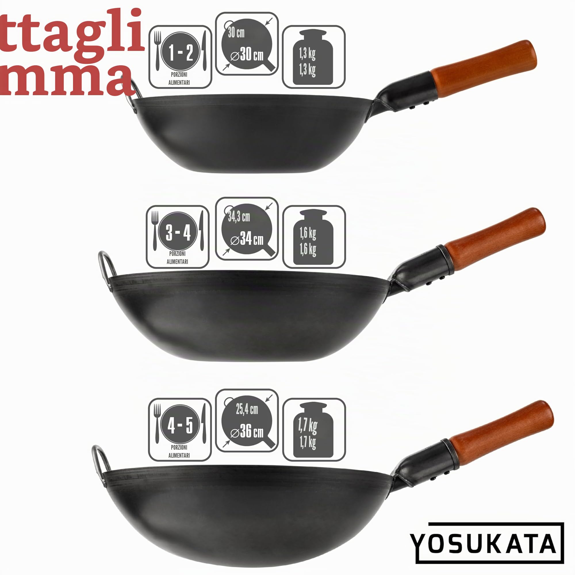 YOSUKATA Padella Wok Professionale 36 cm - Tradizionale Fondo Tondo in Acciaio al Carbonio Precondizionato - Cinese Originale - Pentola Grande - Compatibile con Gas e Fuoco Aperto (Nero)