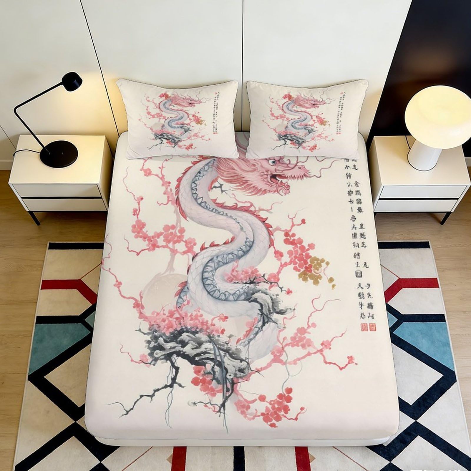 3D Printed Oriental Dragon Fitted Sheet Microfiber Soft Pink Blossom Bed Cover for Bedroom Guest Room Decor 90x200x25cm