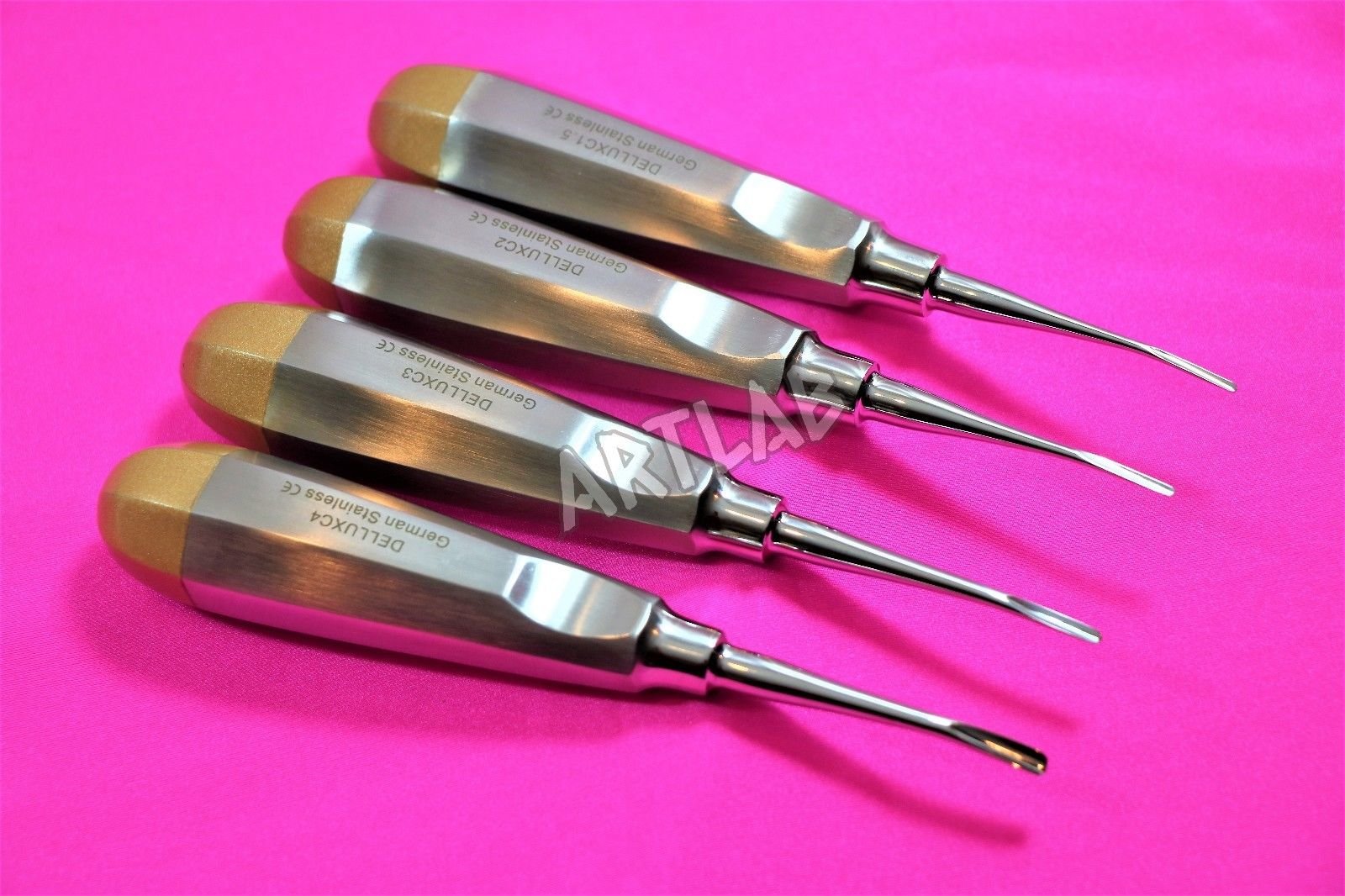 4 PC German Dental Elevators CVD Gold 1.5MM, 2.0MM,3.0MM, 4.0MM Extraction Tool (CYNAMED)