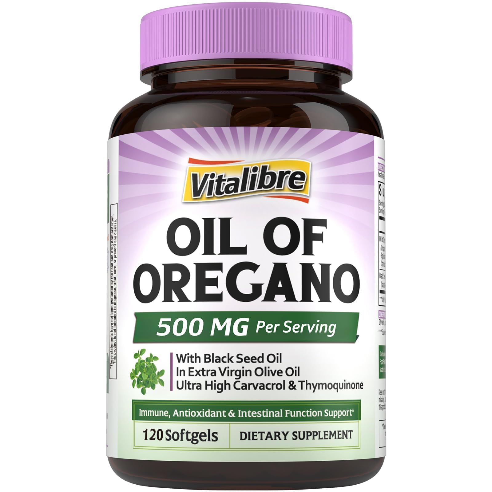 Vitalibre Oil of Oregano 500mg with Black Seed Oil, Wild Harvested, Non-GMO, Herbal Extract Supplement for Immune Support, 120 Softgels 120 Count (Pack of 1)